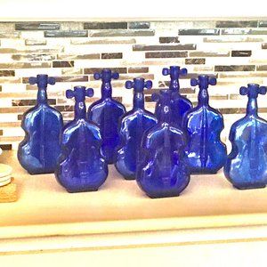 Set of 8 numbered Cobalt Blue Violin glass bottles
